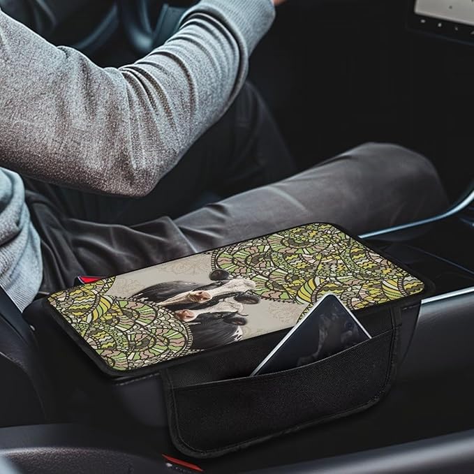 Boho Mandala Cow Print Car Center Console Cover Breathable Auto Armrest Storage Box Mat Wear-Resistan Vehicle Armrest Pad Car Accessories Interior Protection