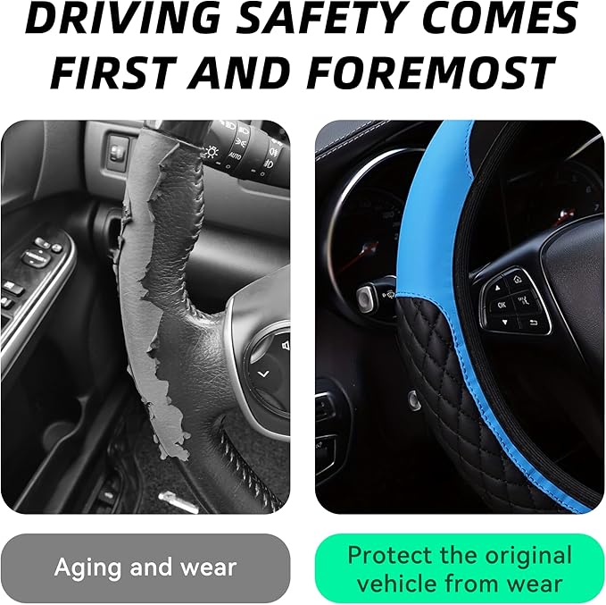 Bling Car Steering Wheel Cover, Diamond Leather Crystal Rhinestones Vehicles Steering Wheel Protector, Sparkling Anti-Slip Automotive Interior Decoration Accessories, Universal Fit (Blue)