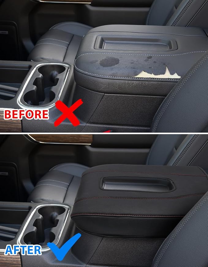 Center Console Cover for Chevy Silverado 1500 Accessories & GMC Sierra 2019-2026, Yukon & Tahoe & Suburban 2021-2026, Bucket Seat, PU Leather Armrest Middle Console Cover, Black-Red Stitch
