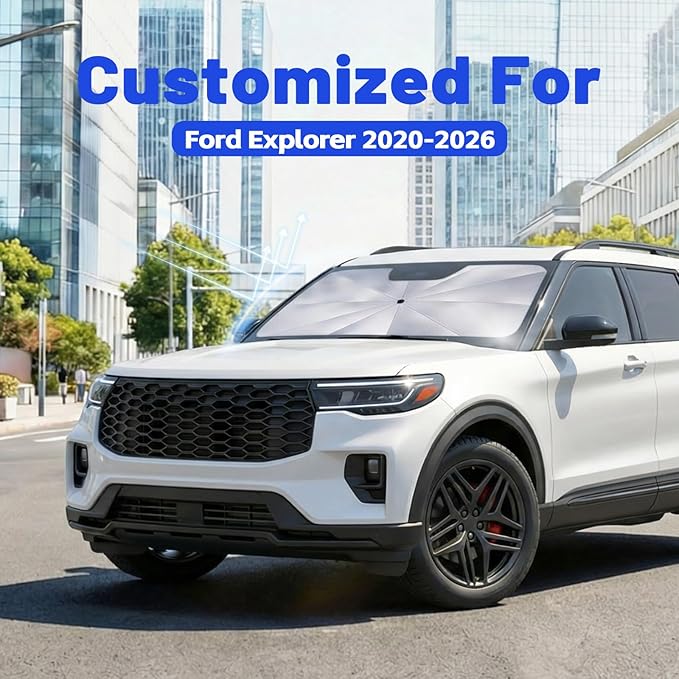 Windshield Sun Shade for Ford Explorer 2020-2026, Umbrella Car Shades with 360°Rotating Shaft, Foldable Front Window Sunshade for UV & Heat Protection