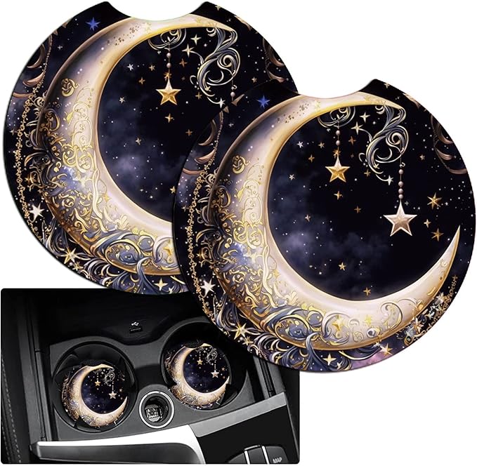 Car Armrest Cover Pads Universal Fashion Cute Auto Center Console Armrest Cover Pad with 2PCS Car Coasters Soft Waterproof Car Armrest Seat Protector for Women Girls, Crescent Stars in Sky
