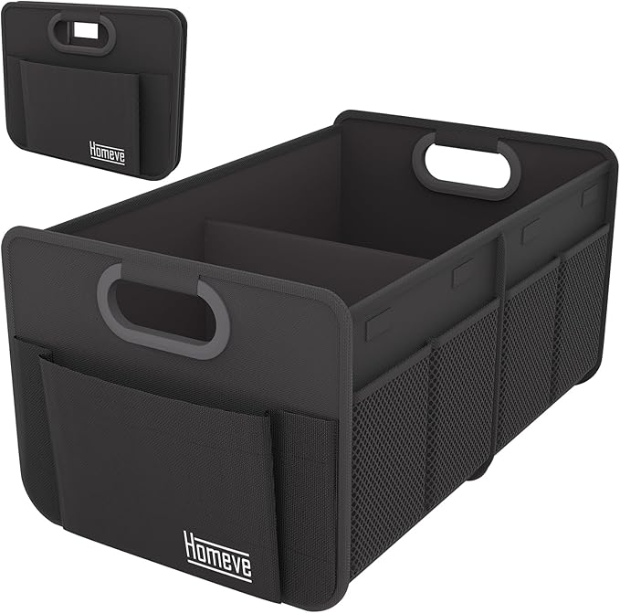 Homeve Trunk Organizer, Car Storage, Reinforced Handles, Collapsible Multi-Compartment, Foldable, Waterproof, Sturdy, 600D Oxford Polyester For Car, SUV, Mini-Van, Black, 2 Compart-Small