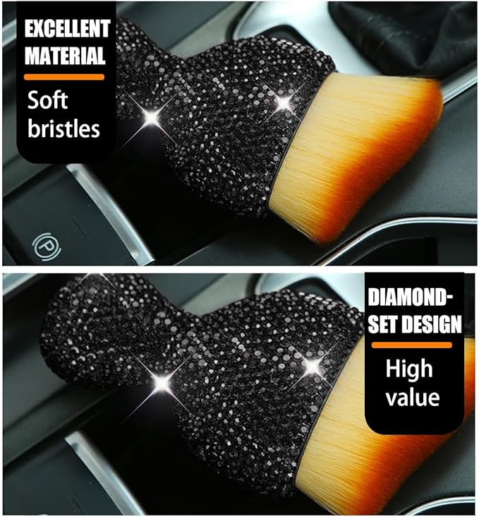 zipelo Auto Interior Dust Brush, Car Detailing Cleaning Brush with Diamond, Bling Handle Soft Bristles Dusting Tool, Scratch Free Dirt Clean Brushes for Vehicle Dashboard, Air Conditioner Vent (Black)