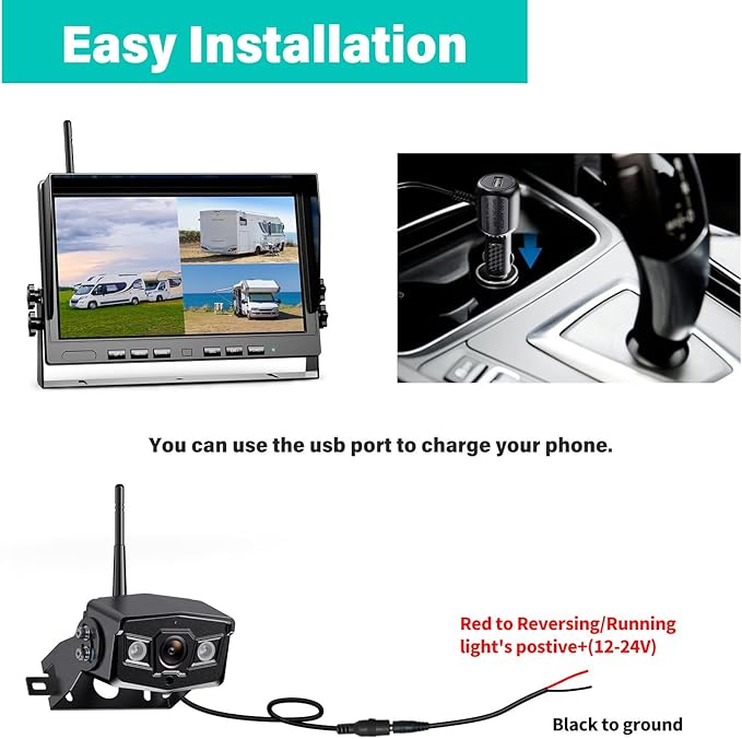 10" Wireless Backup Camera System for Truck, HD 1080P Digital Back Up Camera System with 10 Inch Quad Split Loop Recording Monitor, IP69K Waterproof Reversing Cameras for RV, Trailer (W103)