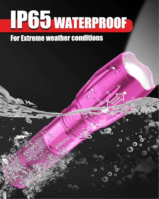 Victoper LED Flashlight 2 Pack Pink, Bright High Lumens Tactical Flashlights High Lumens with 5 Modes, Waterproof Zoomable Flash Light for Outdoor, Gifts for Hunting Camping Essentials Gear