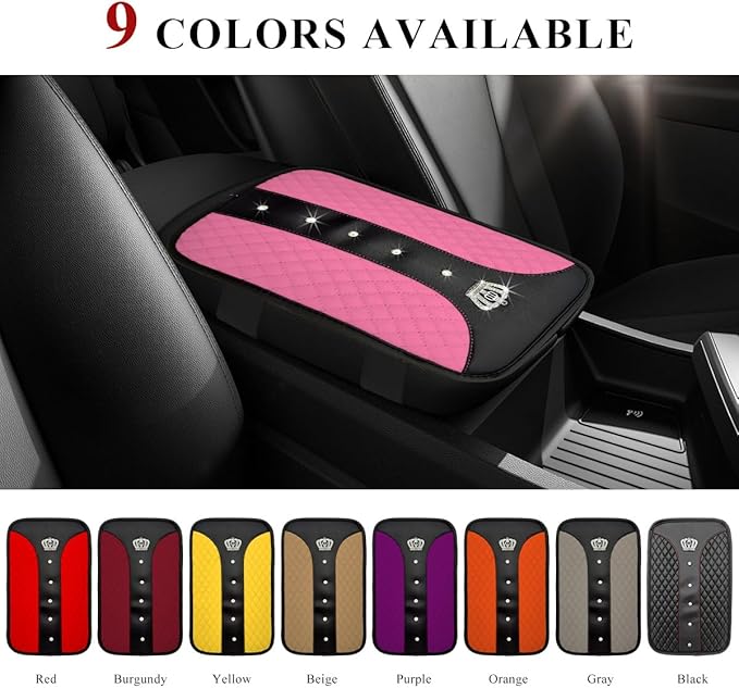 Bling Leather Car Center Console Cover, Anti-Slip Crown Armrest Seat Box Cushion Pad with Rhinestones, Waterproof Crystal Arm Rest Protector Interior Decor for Most Vehicles (Pink)