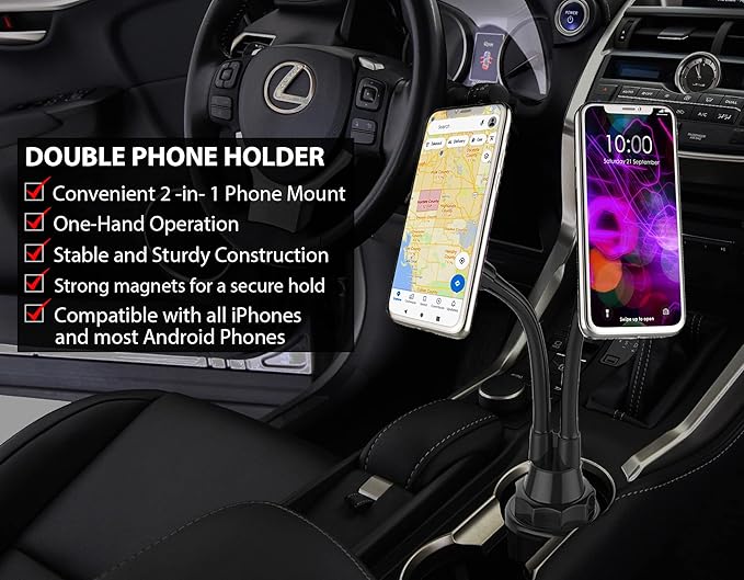 Dual Phone Holder for Car Cup Holder – Long Flexible Neck, 360° Rotatable Car Phone Mount - Adjustable Cell Cup Holder, Universal Size Fits 2 iPhone, Samsung, GPS and More (Magnetic)