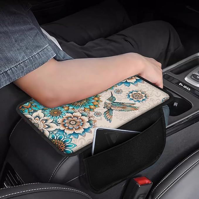 Hummingbird and Boho Mandala Print Car Armrest Cover Stretchy Car Armrest Cover Cushion Elastic Armrest Seat Box Cover Protector Center Console Armrest Cover Pad