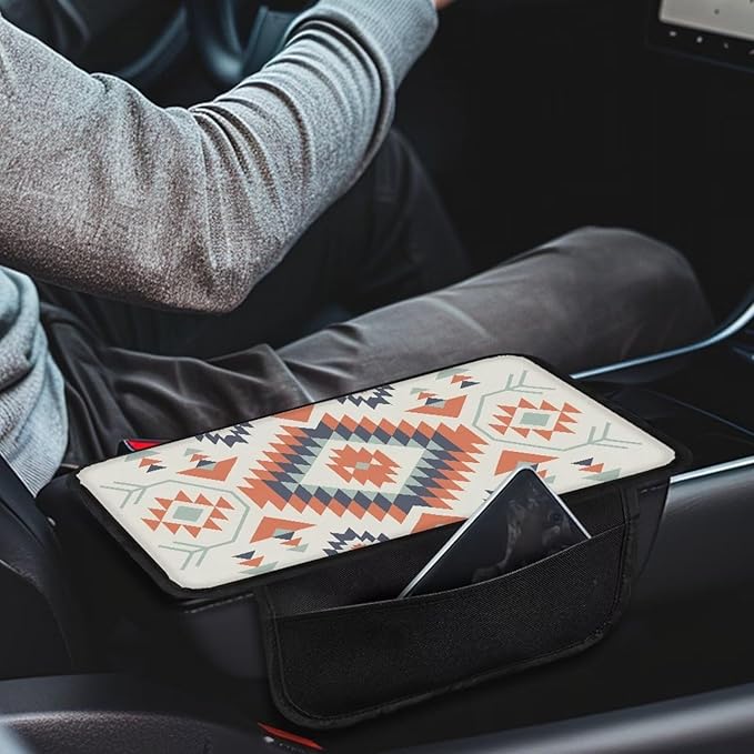 Navajo Aztec Geometric Pattern Car Armrest Cover Anti-Slip Middle Console Cover Breathable Auto Center Console Pad Car Interior Decoration Accessories Protector