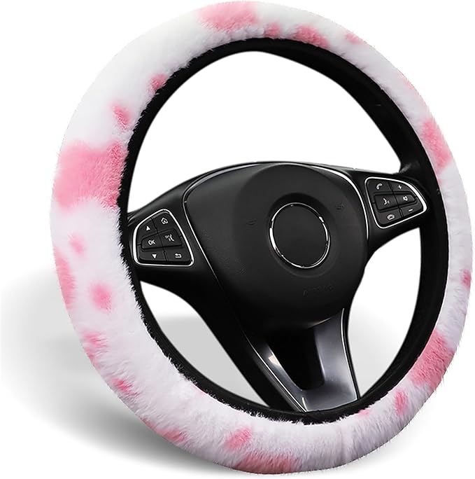 ALEMODR Pink Cow Print Plush Steering Wheel Cover Fluffy Winter Warm Universal 15 inch for Women Girls