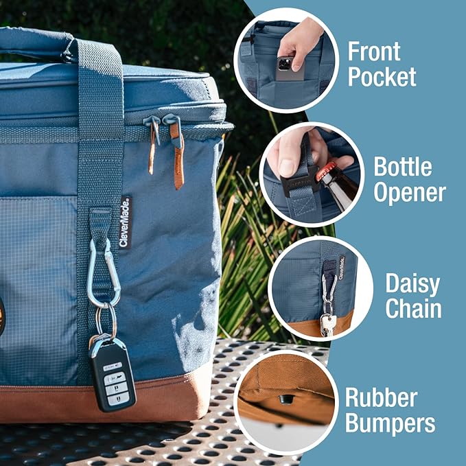 CleverMade Collapsible Insulated Cooler Bag – Leakproof Soft Cooler for Beach, Travel, Car – Bottle Opener