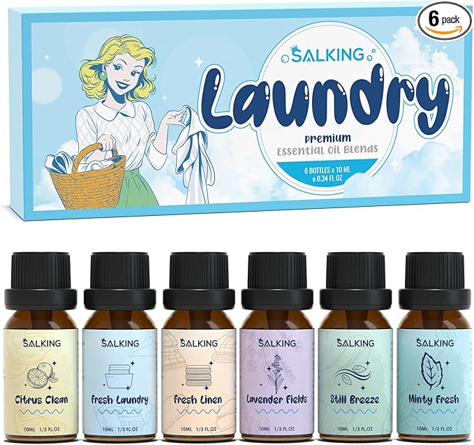 SALKING Laundry Fragrance Oils, Premium Essential Oil for Diffuser, Scented Oil Gift Set for Soap Candle Making - Citrus Clean, Fresh Laundry, Fresh Linen, Lavender Fields, Still Breeze, Minty Fresh