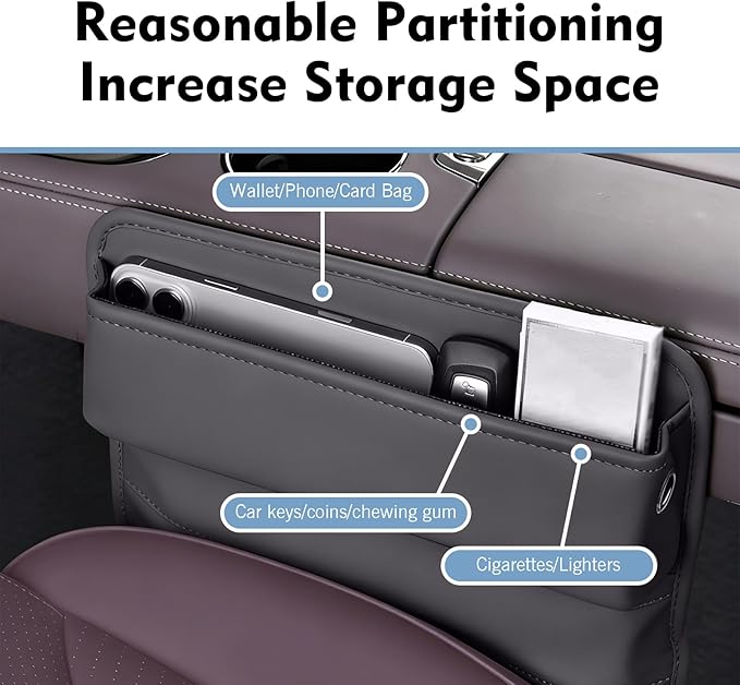 Leather Car Seat Gap Filler, Waterproof Anti-Slip Side Storage Pouch for Phones Keys Glasses Cards, Universal for Most Cars, SUVs, Trucks (Gray)