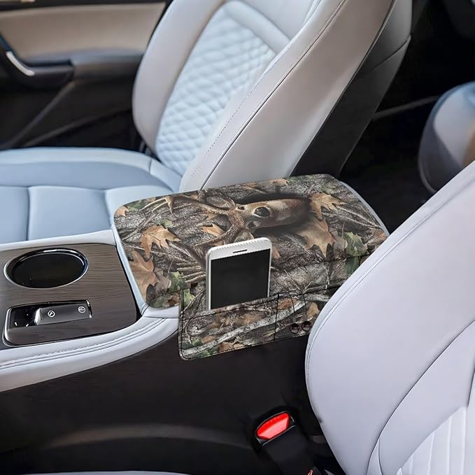 Tupalatus Deer Center Console Cover Water-Resistant Hunting Forest Universal Center Console Pad Non-Slip Car Interior Protection Accessories Easy Installation Fit for Cars Truck SUV