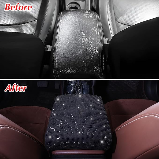 Black Bling Car Armrest Cover with Memory Foam Cushion Pad & Rhinestones, Universal Diamond Center Console Cover for Cars, Bling Middle Console Cover, Bling Car Accessories for Women, Black