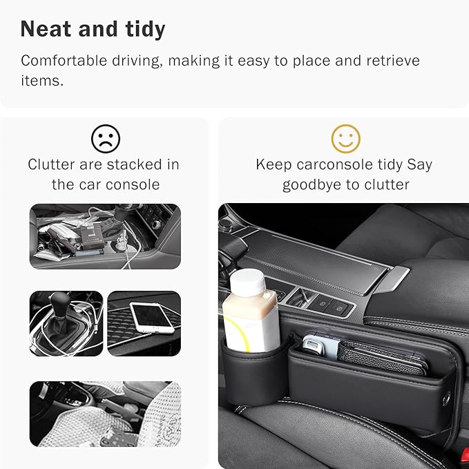 Car Seat Gap Filler Organizer with Cup Holder, Premium PU Leather Interior Accessories for Phone,Sunglasses,Keys, and Small Items, Universal Fit for Car, SUV and Truck,2-Packs Black
