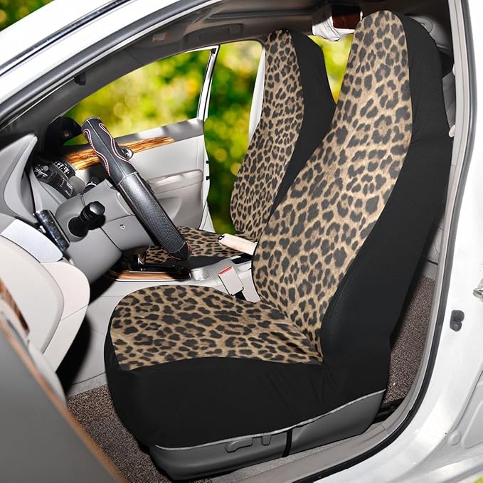 Brown Leopard Print Car Seat Covers Set of 2,Abstract Cheetah Pattern Wild Animal Skin Texture Universal Auto Front Seat Cushion Protector for Women Cute Car Accessories Fit for Car Truck