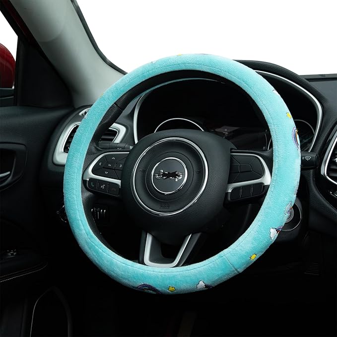 Embroidered Rainbow Cute Blue Steering Wheel Cover, Auto Anti-Slip Breathable Steering Wheel Protector,Rainbow Car Accessories for Women,Universal Size Fit Most Cars -15 inch