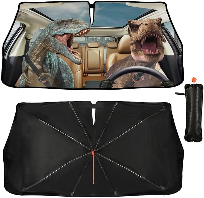Socira Dinosaur Car Windshield Sunshade Umbrella Foldable Funny Visor Umbrella Sun Shade Cover Sunshade Front Window Cover Dinosaur Car Accessories Blocks Uv Rays (57" X 30")