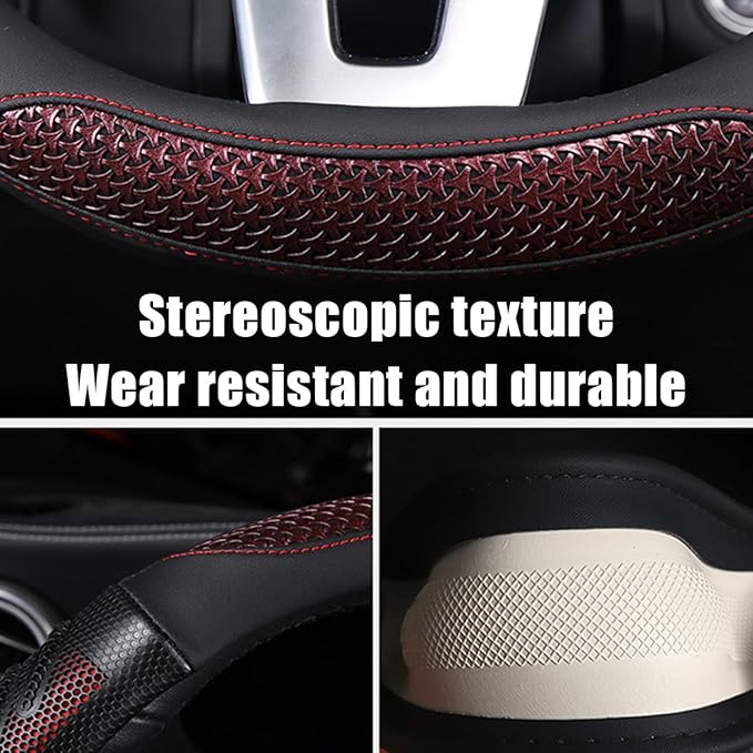 BELOMI Car Steering Wheel Cover, Breathable Leather Vehicle Steer Wheel Protective Guard with 3D Honeycomb Hole, Anti-Slip Steer Wheel Protector, Universal Automotive Accessories (Red)