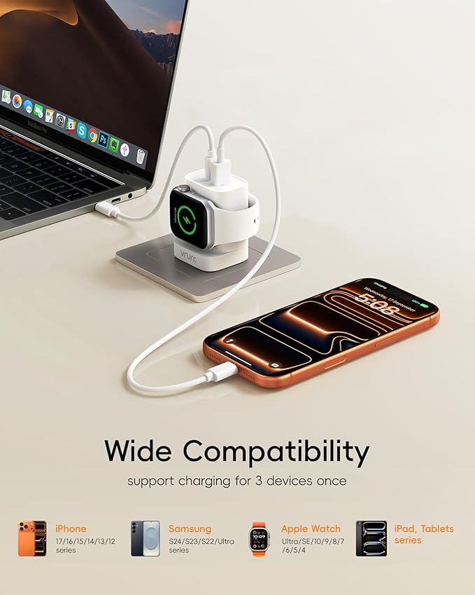 VRURC Charger for iPhone & Apple Watch, 20W USB C Fast Charging Block, 3-in-1 Compact Travel Adapter with 2 Port for iPhone 17/16/15/14/13, Wireless Magnetic for iWatch SE/11/10/9/8/7/6/5/4-White