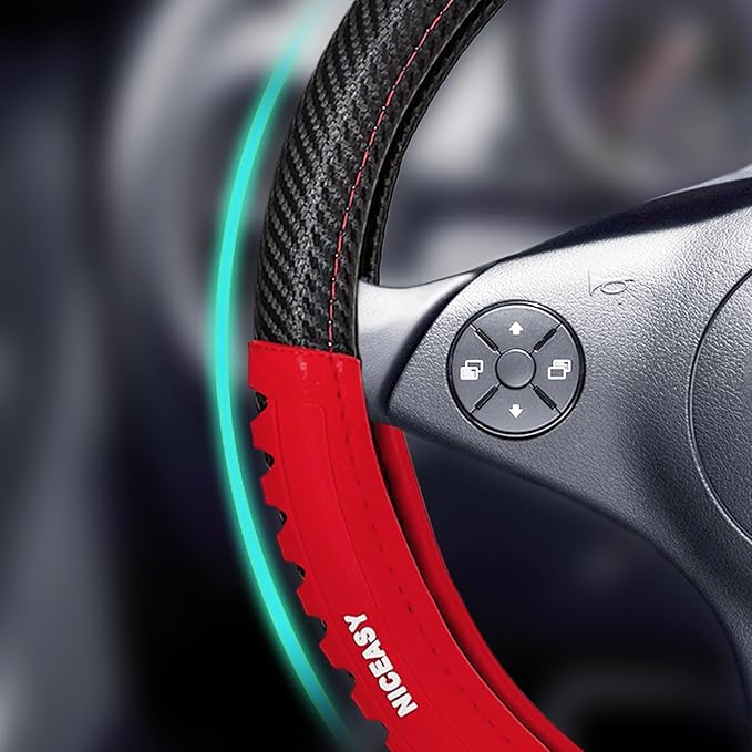 Sport Style Black Carbon-Fiber Steering Wheel Cover with Red Strip Grip Steering Wheel Accessory,Universal Fit 14.75-15 inch Steering Wheel