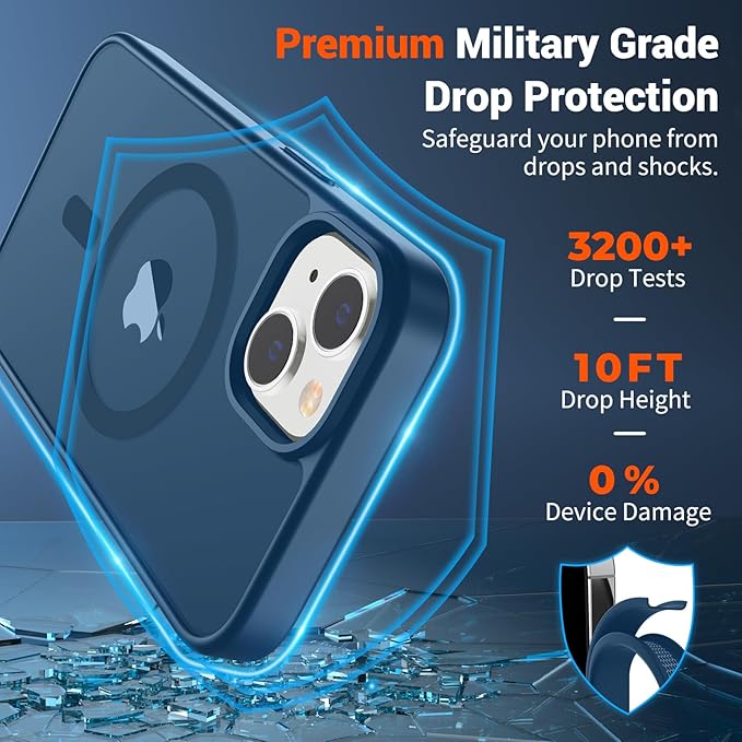 SUPFINE Magnetic for iPhone 14 Case & iPhone 13 Case with Screen Protector (Compatible with MagSafe) (Military Grade Drop Protection) Translucent Matte Shockproof Phone Cover,Deep Blue