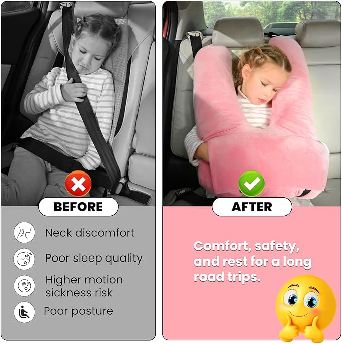 Travel Pillow, Car Pillow for Kids & Adults, Kid Travel Sleeping Pillows for Neck & Body Support, Car Travel Essentials Pillow on Road Trips, Pink