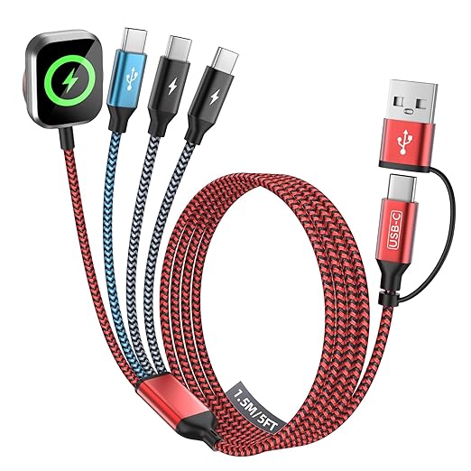 Travel Essentials 4in2 Multi Charging Cable for iPhone Watch Charger,USB A/C to 3 Type C/iWatch Charger,Charging Cables for Multiple Devices Compatible with iWatch 11-1/Ultra/SE&iPhone 17-12 5FT