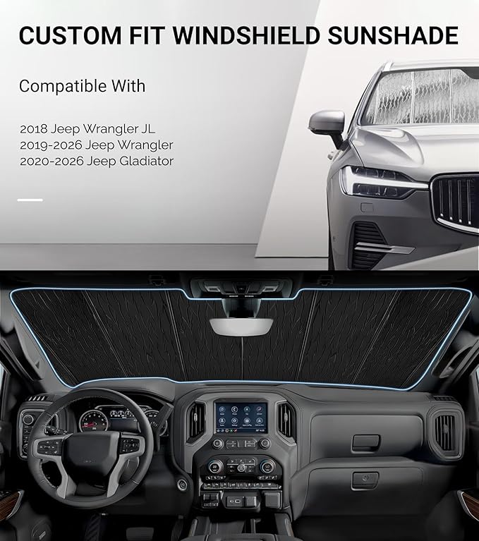 Windshield Sun Shade for Jeep Wrangler JL 2018-2026, Gladiator 2020-2026 Front Window Sunshade - AstraGuard