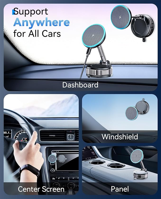 ILOUYU iPhone Car Mount Charger [15W Fast Wireless Charging, 120+ LB Strongest Suction & 2800gf Strongest Magnetic] 360° Adjustable Car Phone Holders for Your car, for iPhone 17 16 15 14 13 12 Series