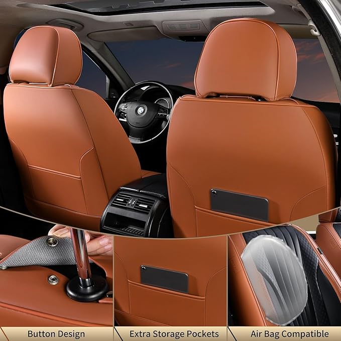 FLORICH Car Seat Covers, Premium Leatherette Car Seat Covers Full Set, Waterproof Leather Car Seat Cushion Front Seats and Back, Breathable Seat Protectors for Sedans Cars SUV Trucks - Black&Brown