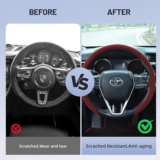 Suede Steering Wheel Cover, Universal 15 Inch Car Steering Wheel Cover, Non-Slip Design,Breathable,Car Interior Accessories Bordeaux Red