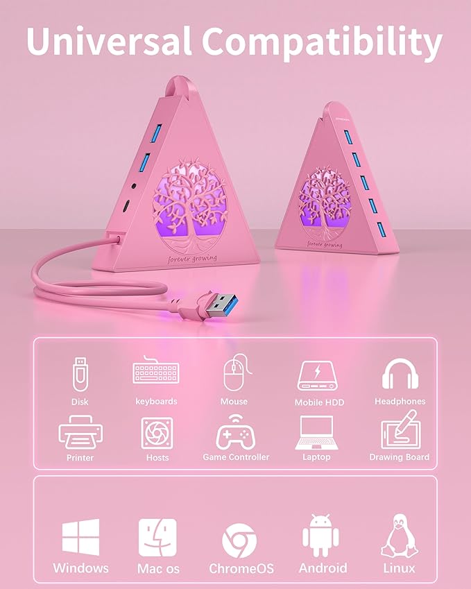 7-Port USB 3.0 Hub, RGB USB Hub with RGB Tree Light and 2ft Cable, USB Hub 3.0 Pink USB Expander for Laptop, PC, Flash Drive, HDD, Console, Printer, Keyboard, Mouse (Pink)