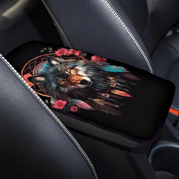 Dreamcatcher Wolf Floral Print Car Center Console Cover,Universal Armrest Cover Pads for Most Cars,SUV