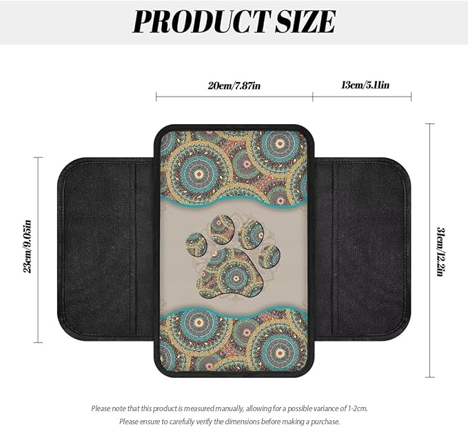 Boho Floral Dog Paw Pattern Car Center Console Cover Elastic Car Armrest Seat Box Cover Cushion Non-Slip Auto Armrest Pad with Pockets Storage Bag Car Decor Accessories