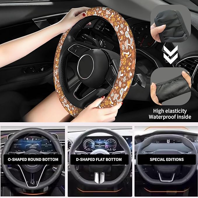 Elastic Car Steering Wheel Cover, Universal 15 inch Non-Slip Breathable Neoprene Steering Wheel Protector, Car Accessories for Women Men Fit Auto, Suvs, Truck Retro Mushroom