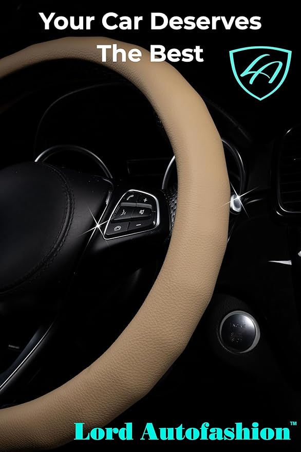 Lord Autofashion Steering Wheel Cover – PU Leather, Non-Slip Rubber Inner, All-Season Comfort – 14.5–15 Inch (Beige 8399)