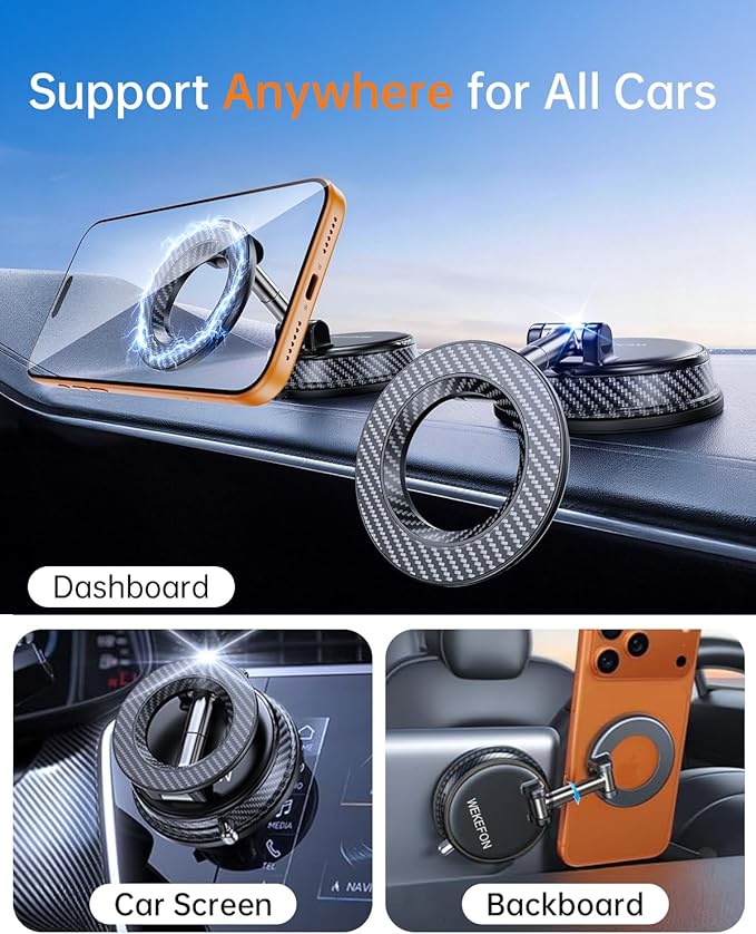 Upgraded Car Phone holder for Magsafe [120LBS Suction Cup & 3000gf Magnet ] 1100° Adjustable Vacuum Magnetic Phone Holders for Your Car, Dashboard Car Mount Bracket for iPhone & Android, Carbon Fiber