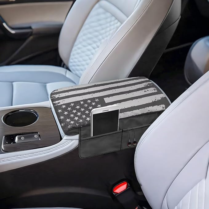 Tupalatus Gray American Flag Car Console Cover Car Accessories Interior Cars Center Console Armrest Cover with Storage Pockets Easy Installation Universal Fit Cars,Vans,SUV,Truck