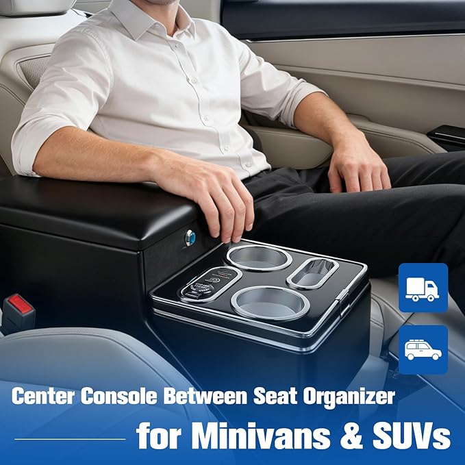 Center Console Organizer for Minivans, SUVs & Middle Van Seats - Floor-Mounted Lockable Storage Box with Dual Cup Holders & 7-Color Ambient Light, Ideal for Vehicle Interior