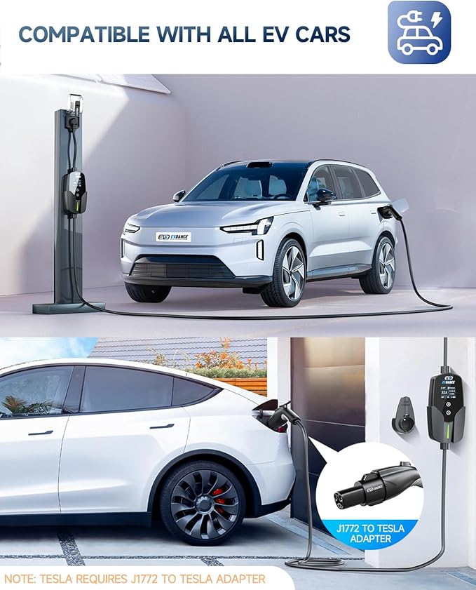 EVDANCE Level 2 EV Charger (32Amp, 240V, NEMA 14-50P), 7.68kW Fast Portable & Home Electric Car Charger with 25ft Cable, Adjustable Current/Delay Chargin for J1772 EVs