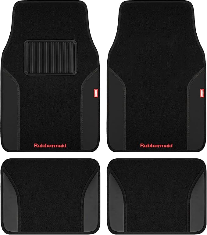 Rubbermaid Car Mats, Carpeted Floor Car Mat with Faux Leather & Built-in Heel Pad, Two-Tone Car Rug Floor Mats, Stylish Carpeted Floor Mats for Cars, Trucks & SUVs Black Color