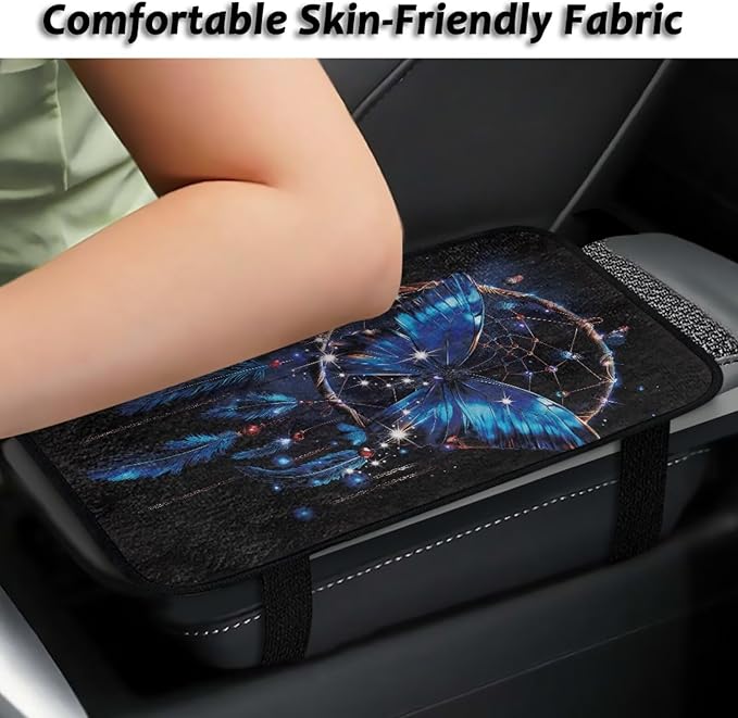 Blue Butterfly Console Cover Armrest Pad Soft Comfortable Car Armrest Cushion Anti-Slip Washable Car Center Console Lid Cover Accessories Fit Sedans,Cars,Vans,SUV,Truck