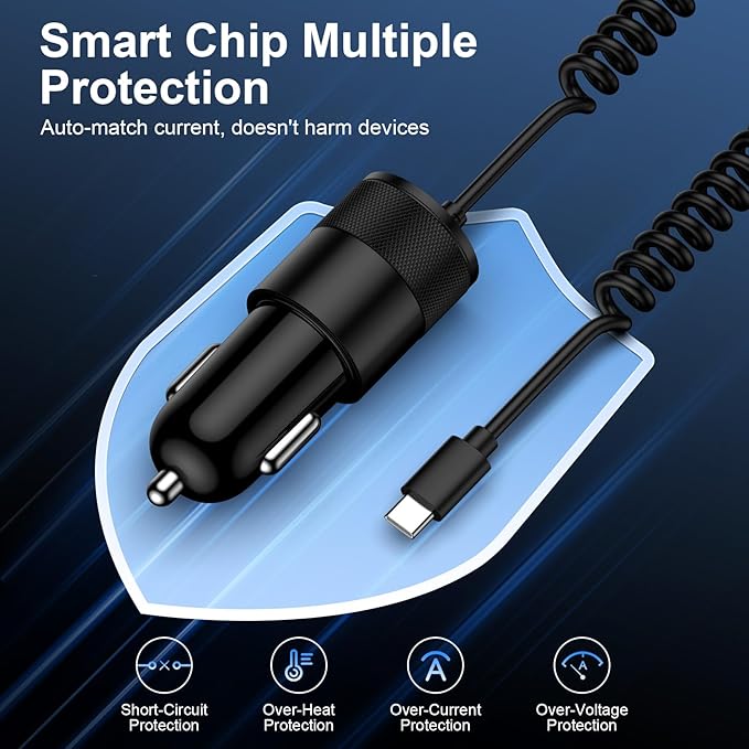Type C Fast Car Charger for Galaxy A17/A56/A16/S26 Ultra/S26/S25 FE/S25/S24 Ultra/A15/A55/A54/A14 5G Pixel 10a 10 9 8 Pro iPhone 17 16e,QC3.0 18W Car Phone Charger Adapter PD30W USB C Coiled Cable 3FT