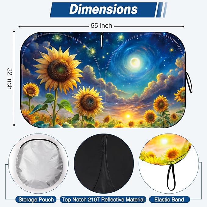 Car Windshield Sun Shade, Reflective Sunshade Blocks UV Rays, Keep Car Interior Cool, Front Foldable Windshield for Hatchback, Truck, SUV, MPV
