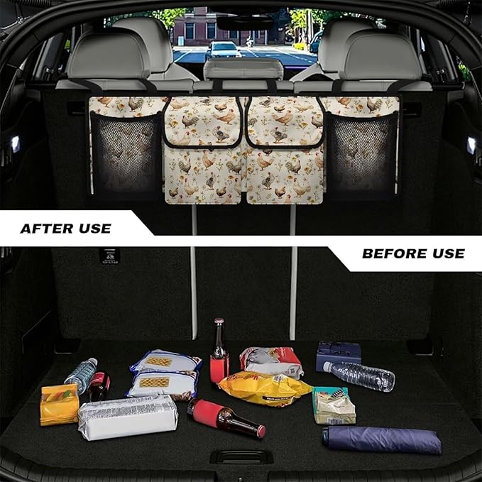 Car Trunk Organizer Bag, Foldable Thanksgiving Rooster Car Back Seat Storage Bag with 4 Pockets Car Interior Accessories for SUV MPV Sedans Pickup Jeep Trucks