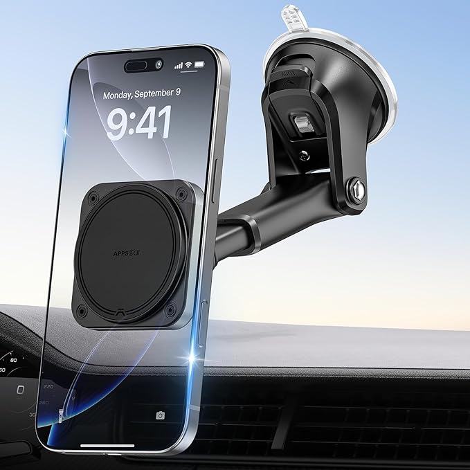 APPS2Car for MagSafe Car Mount, Extra Strong Hold Magnetic Phone Holder with 20xN55 Magnets, Suction Cup Stand for Windshield Dashboard, Adjustable Telescopic Arm, Fit for iPhone Samsung