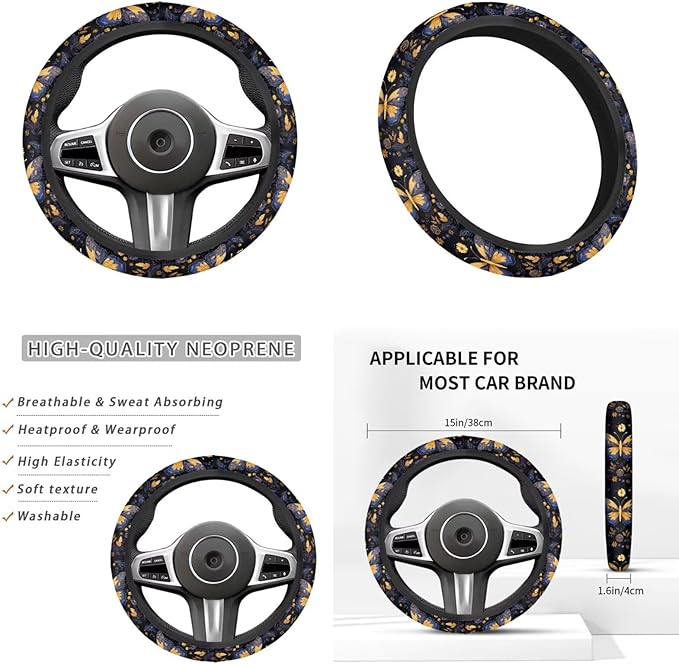 Butterfly Car Decor Set for Women Butterfly Car Steering Wheel Cover Sets Cars Interior Decor Cup Coaster Handbrake Cover Suit for Most Cars Truck Vans SUV