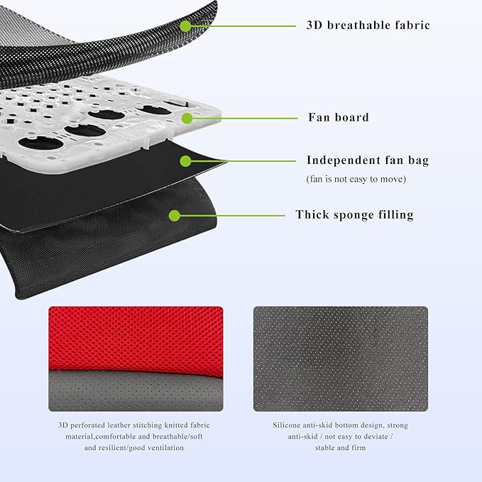 Cooling Car Seat Cushion, Ventilated Cool Bottom Seat Cover with USB Interface, 3-Speed Adjustable Comfy Cooling Pad for Auto Front Seats Home Office Chairs, Car Accessories (Red)